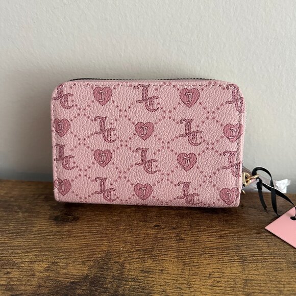 New Juicy Couture Juicy Forever Heart Monogram Pink Blush Double Zip Wallet - Picture 2 of 4
